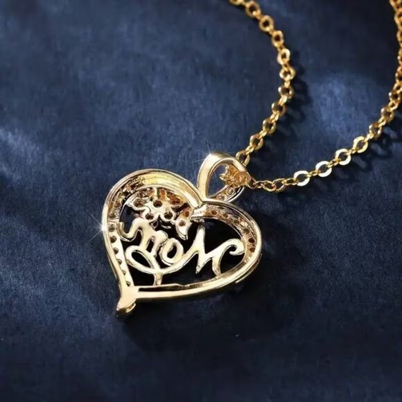 "Mom" Necklace - New ~ Gold Tone Delicate Chain with Heart Flower Rhinestones - Picture 4 of 4